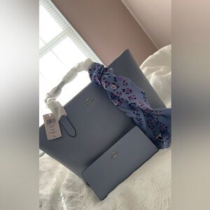 NWT Coach Zip Top Tote Bag, slim wallet, & essential tea rose silk diamond scarf